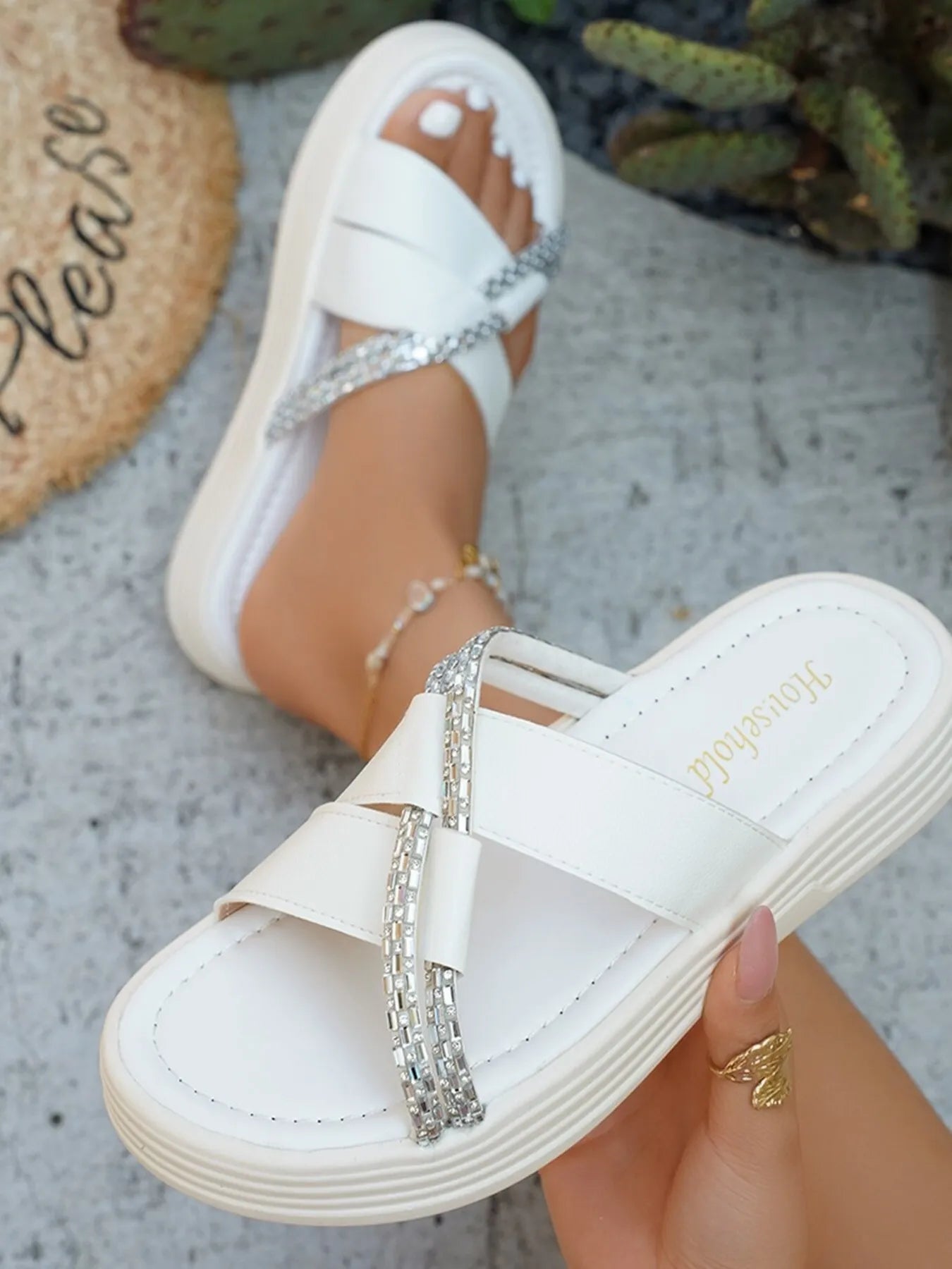 Rhinestone Cross-Strap Platform Sandals