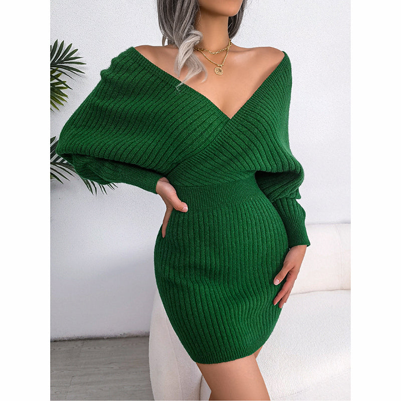 Women's Batwing Sleeve Sweater Dress - Sexy Off The Shoulder V-Neck Mini Dress, Solid Color (See size chart where applicable)