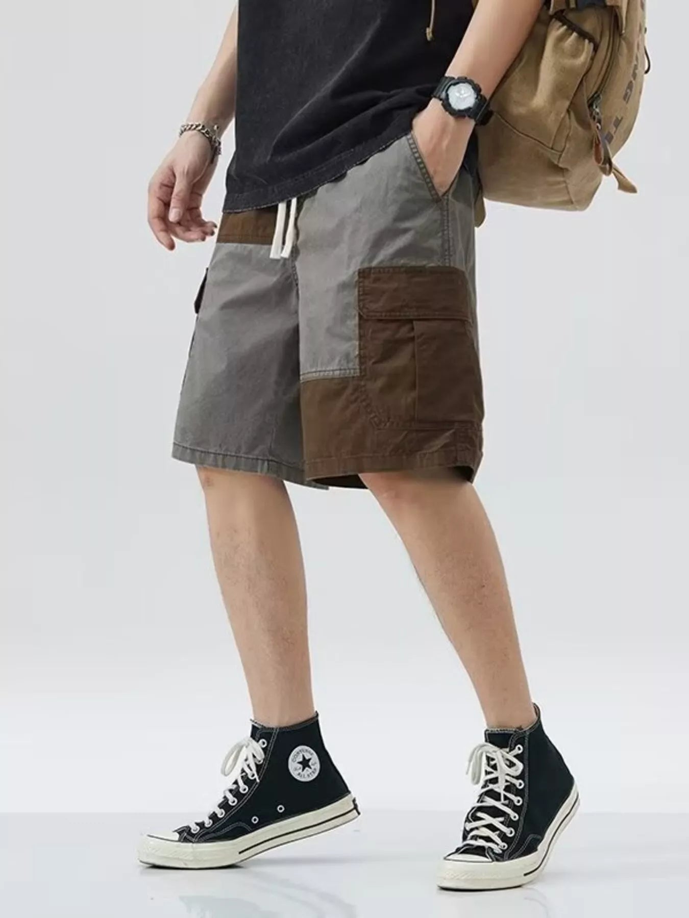 Men's Plus Size Two-Tone Cargo Shorts with Drawstring