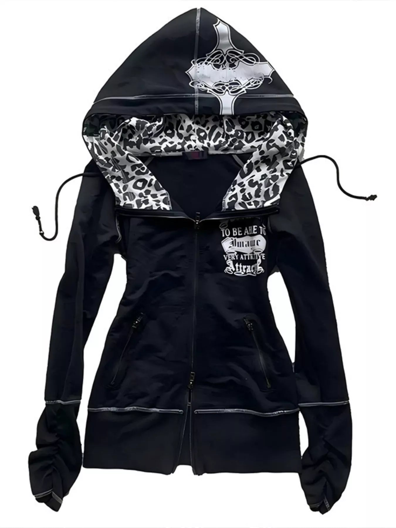 Gothic Cross Leopard Lined Zip-Up Hoodie