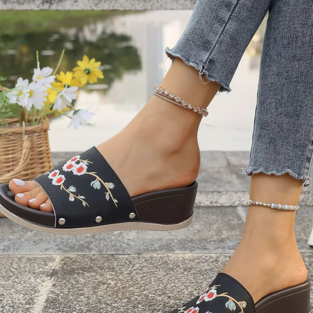 Floral Embroidered Wedge Sandals