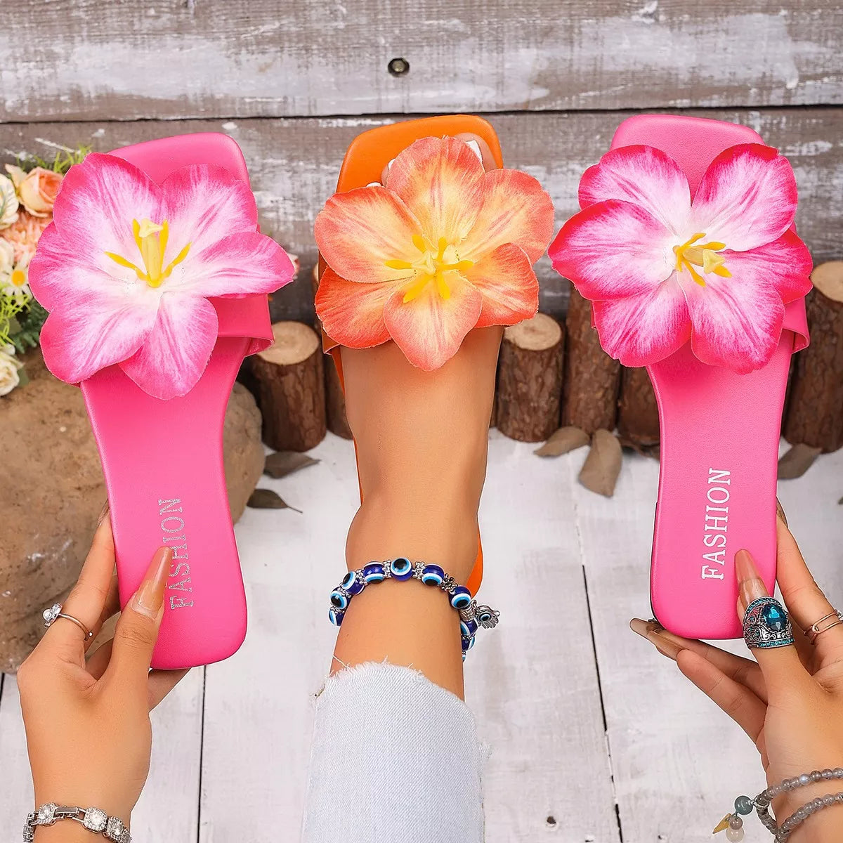Floral Embellished Square Toe Slide Sandals