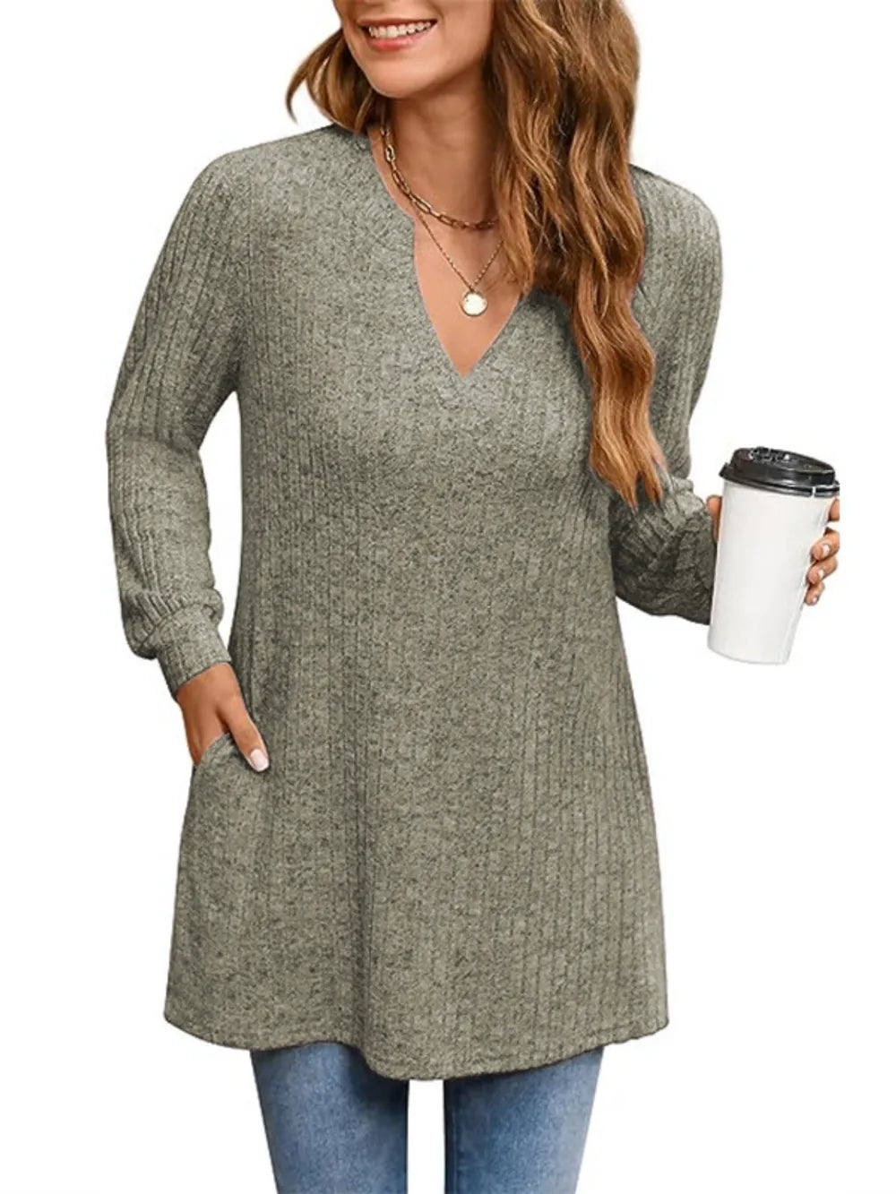 Ribbed Notched Long Sleeve T-Shirt