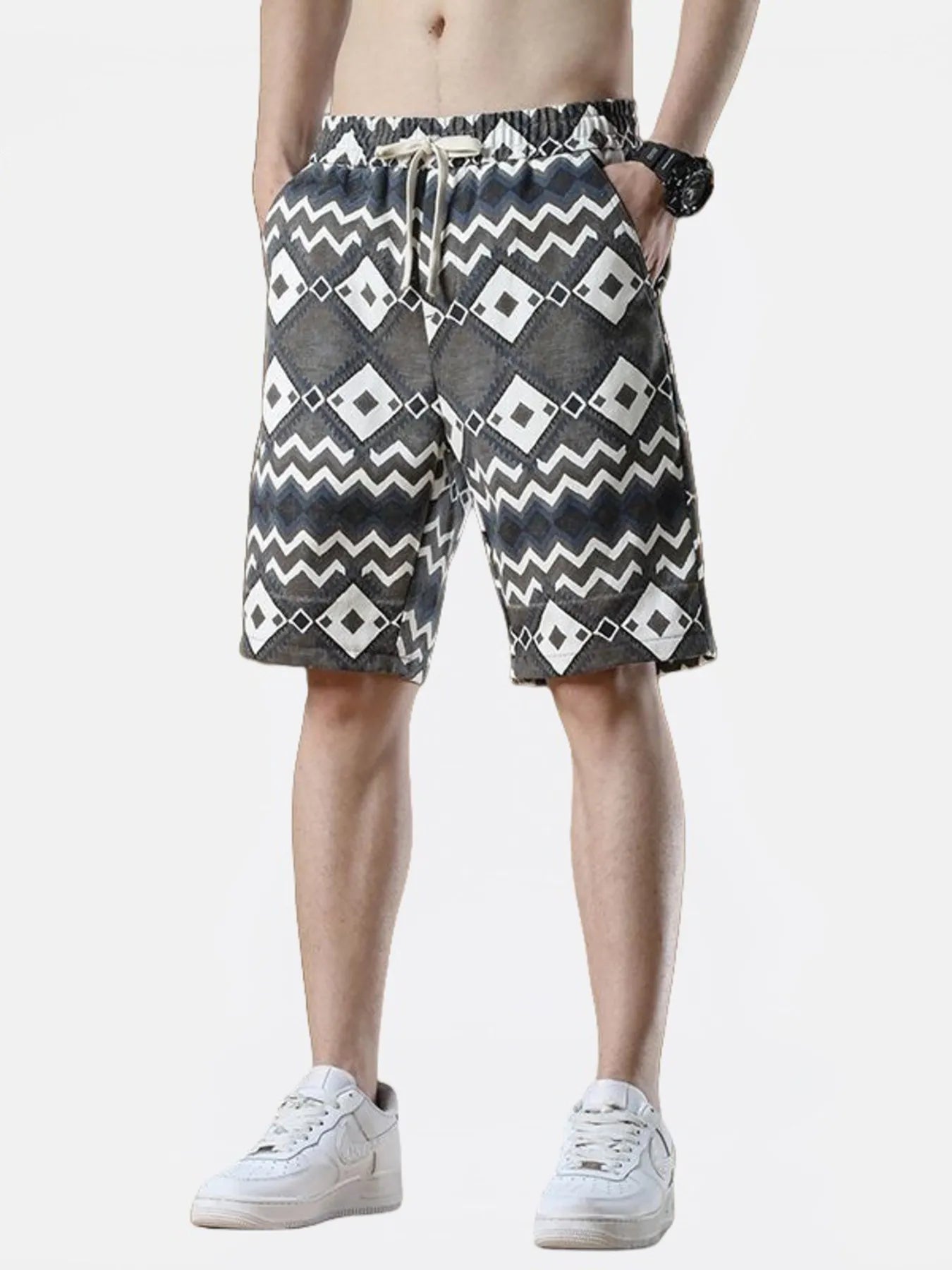 Men's Plus Size Geometric Pattern Drawstring Casual Shorts