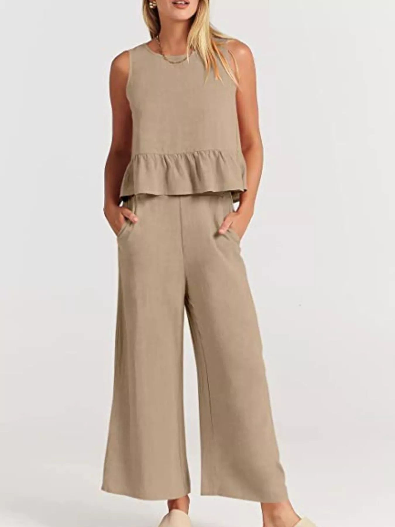 Full Size Ruffled Hem Sleeveless Top and Wide-Leg Pants Set Plus Size