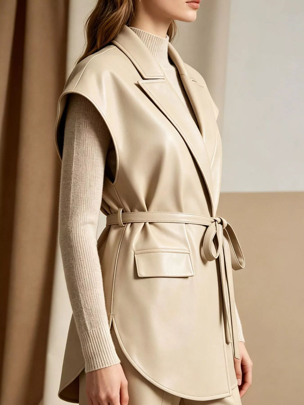 Sleek Faux Leather Belted Vest Coat