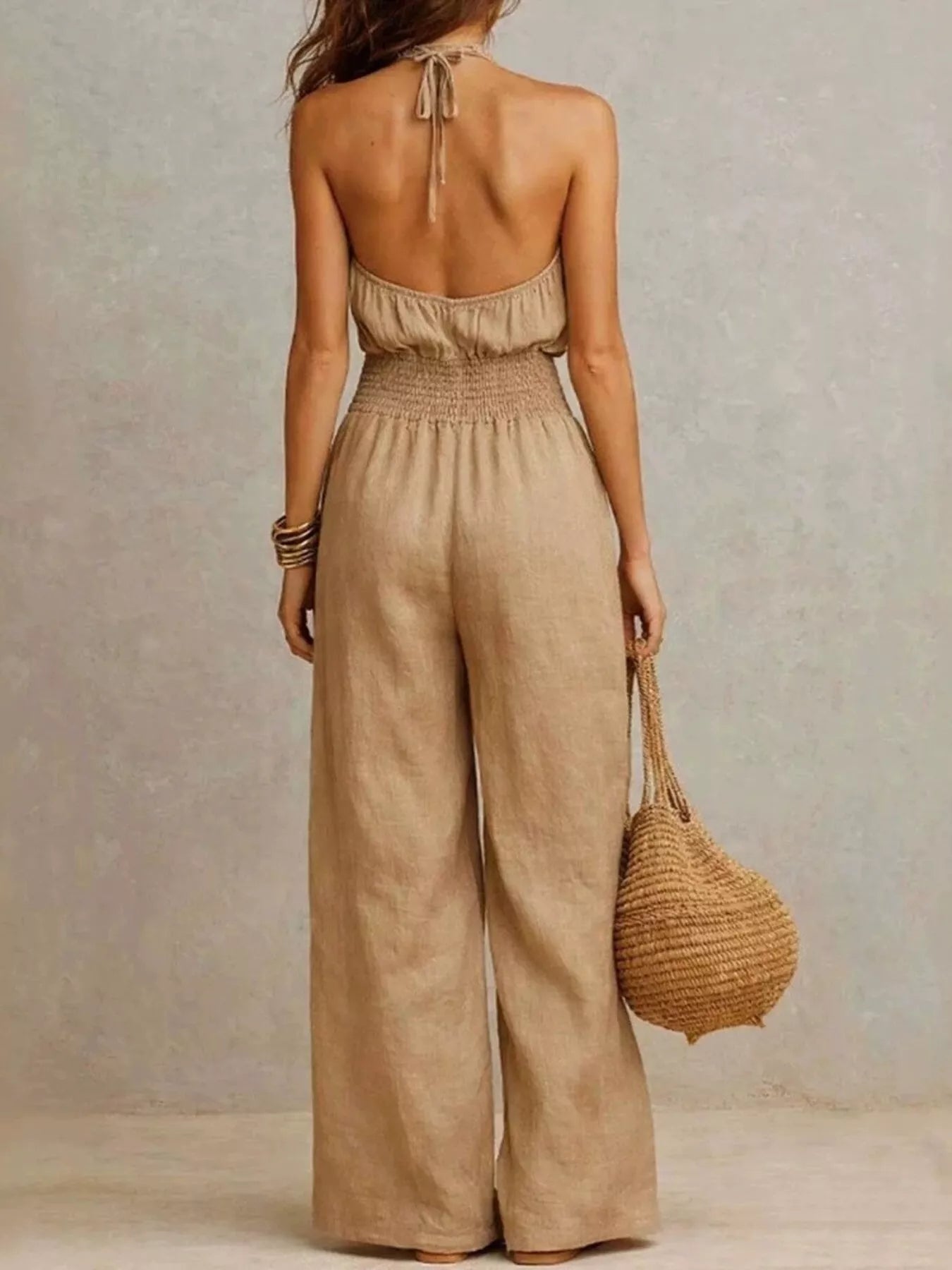 Smocked Halter Neck Wide-Leg Jumpsuit