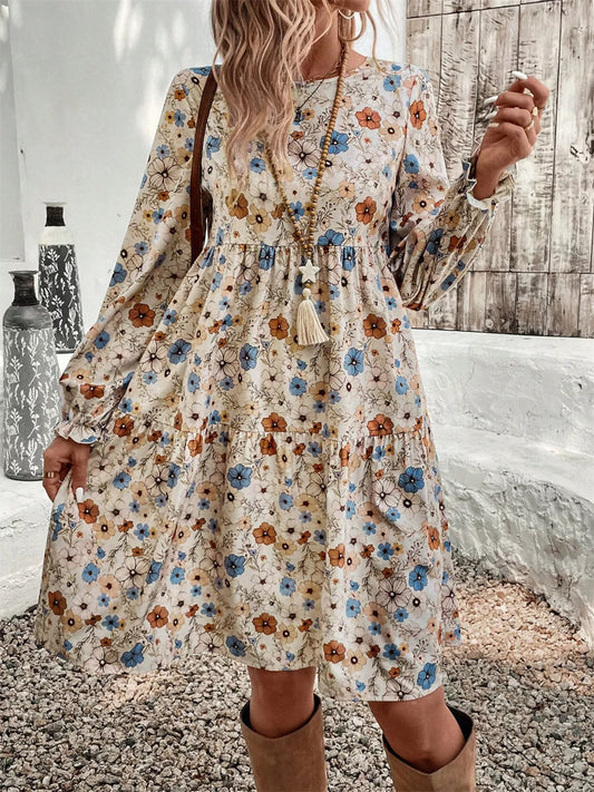 Floral Print Ruffle Hem Long Sleeve Casual Dress