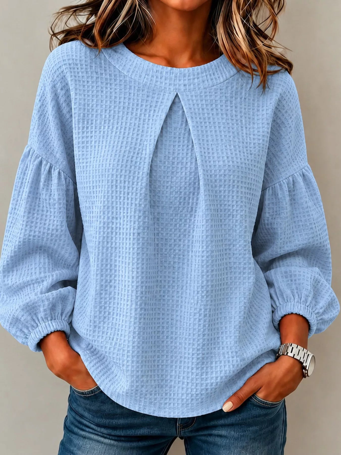 Waffle Knit Round Neck Top
