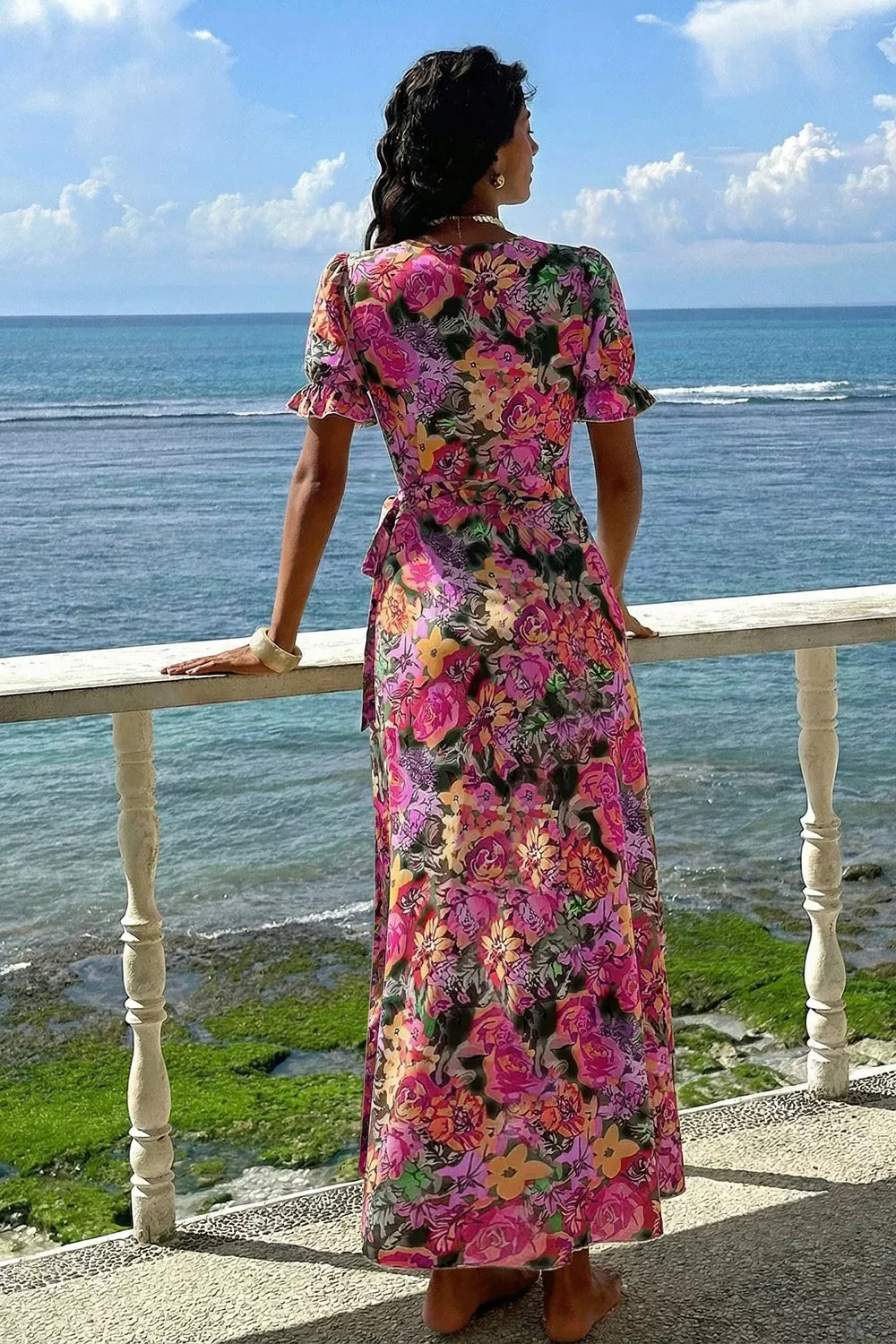 Slit Floral Short Sleeve Maxi Dress