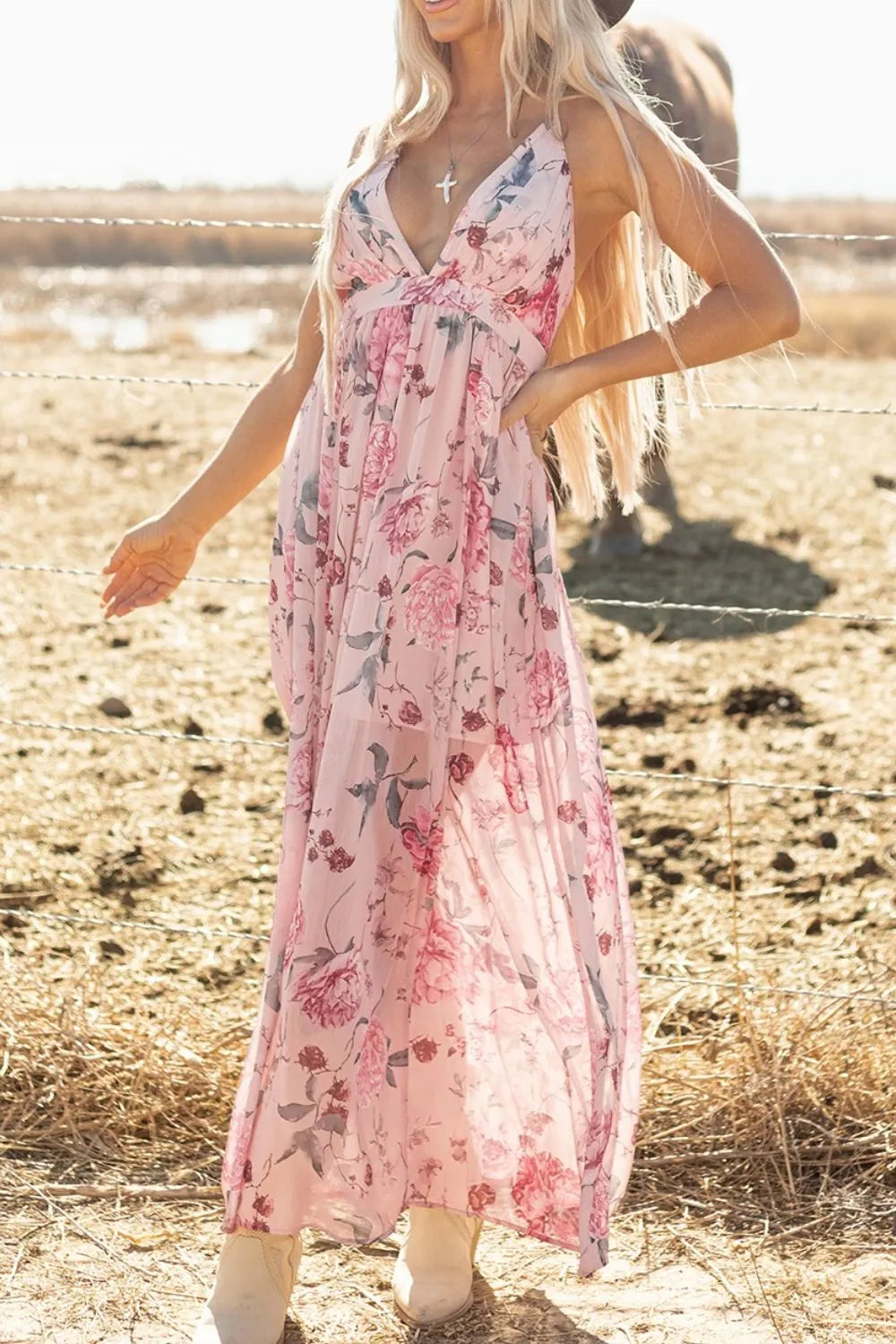 Floral Pleated Deep V Backless Maxi Dress