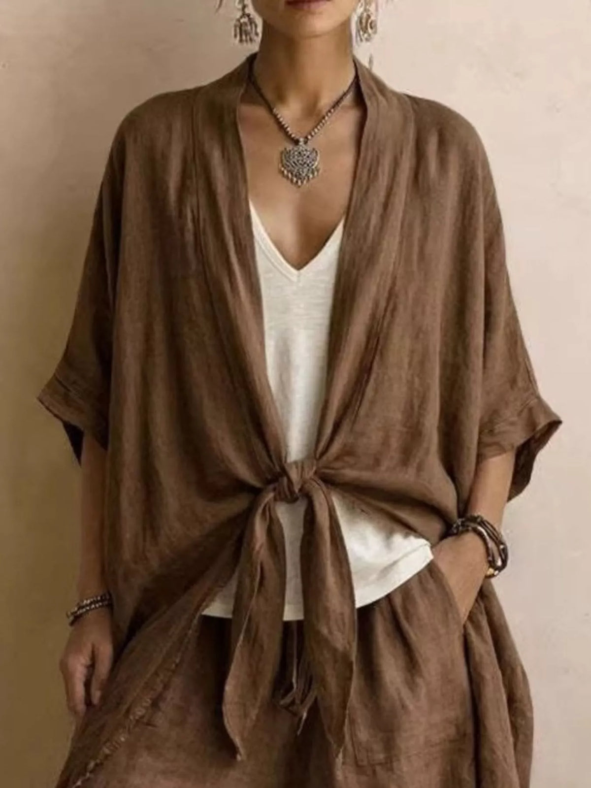 Full Size Tie-Front Cardigan and Wide-Leg Pants Set Plus Size