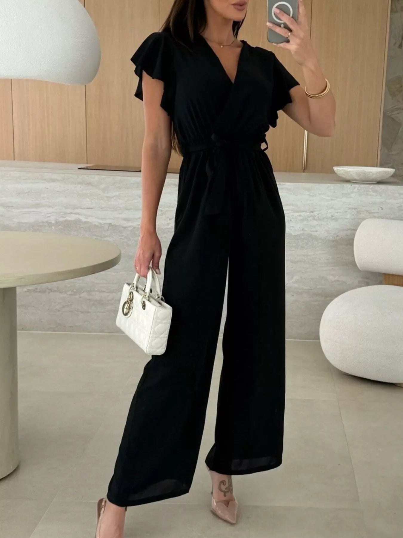 Surplice Ruffle Sleeve Wide Leg Jumpsuit