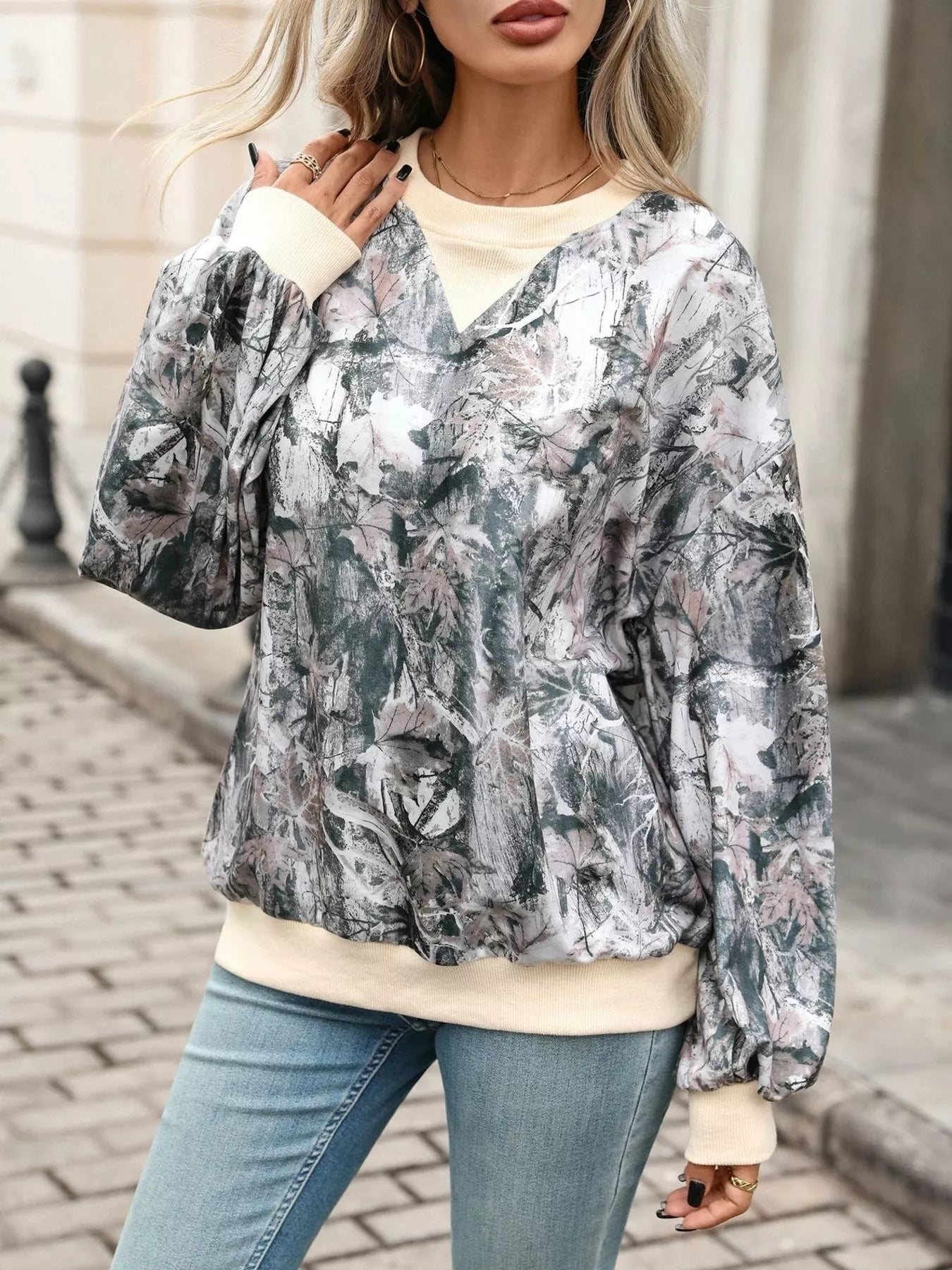 Leaf Print Sweatshirt with Contrasting Trim