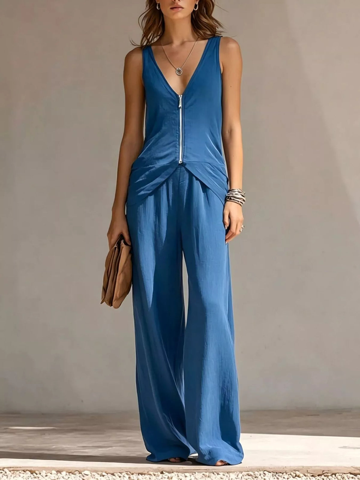 Full Size Zipper Front Tank and Wide-Leg Pants Set Plus Size