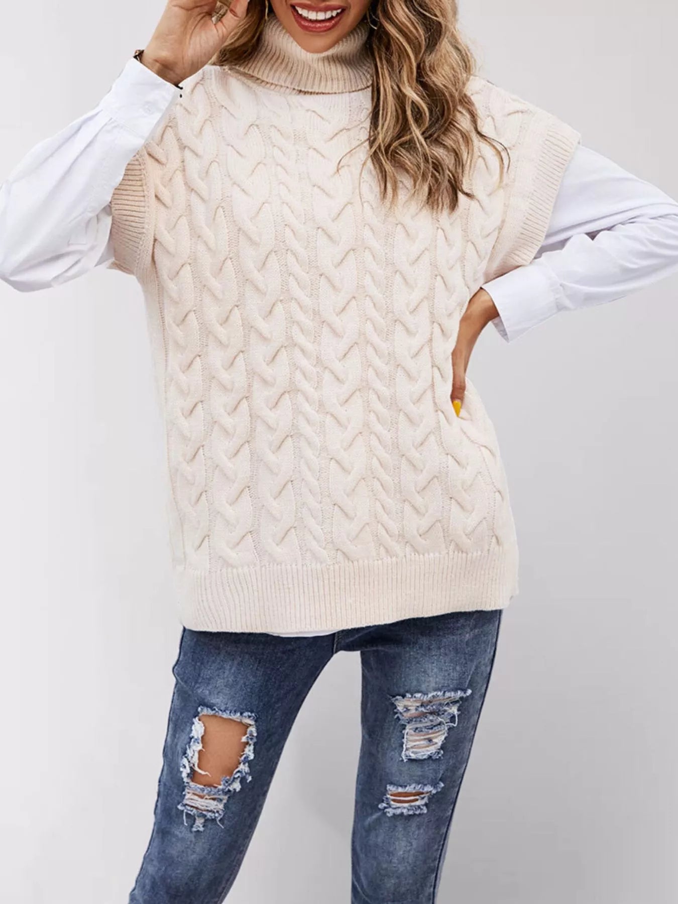 Chunky Knit Turtleneck Cap Sleeve Sweater