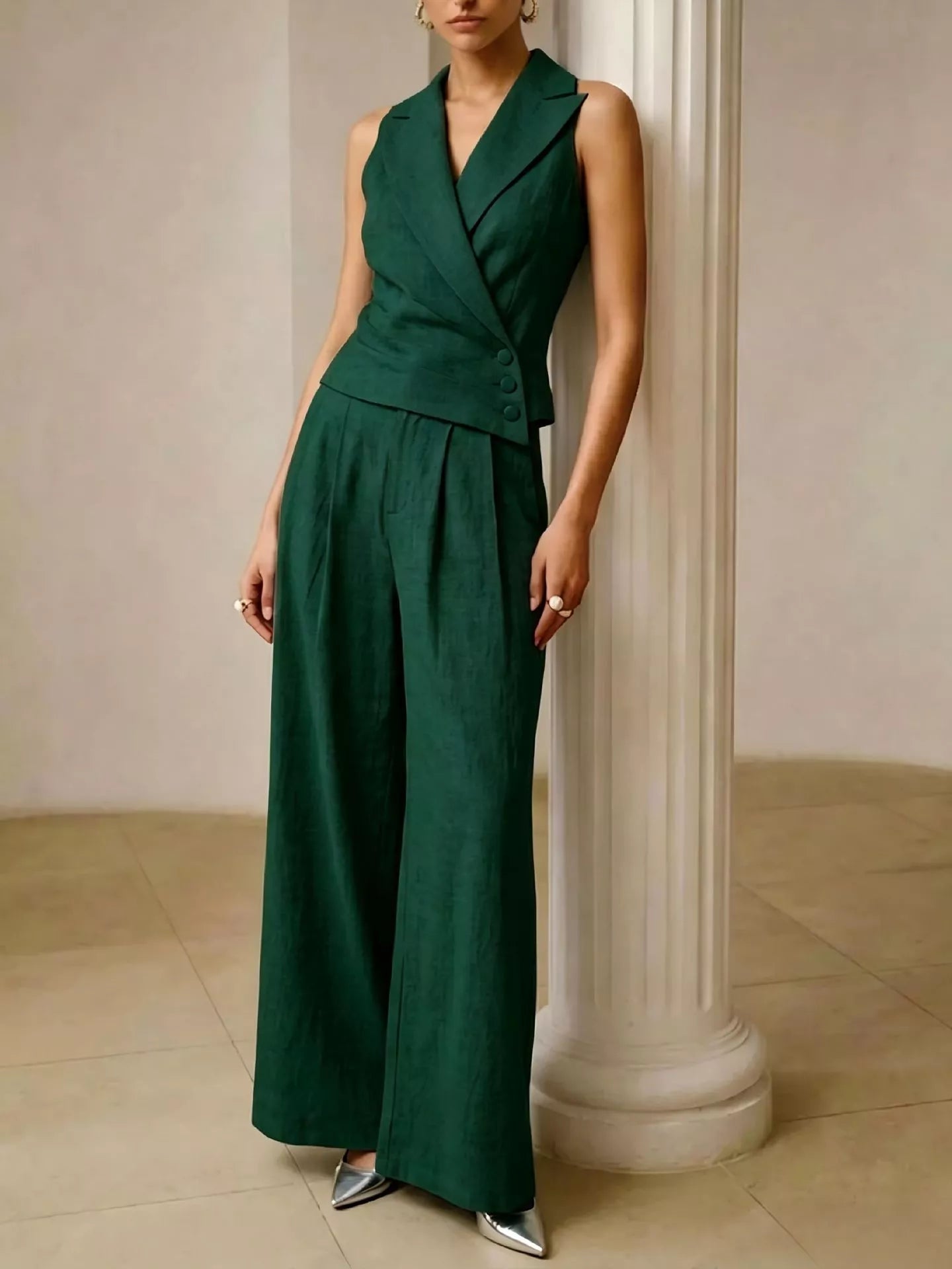 Full Size Sleeveless Blazer and Wide-Leg Pants Set Plus Size