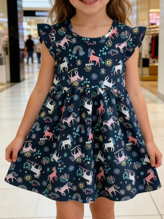 Children's Unicorn Print Ruffle Sleeve Dress