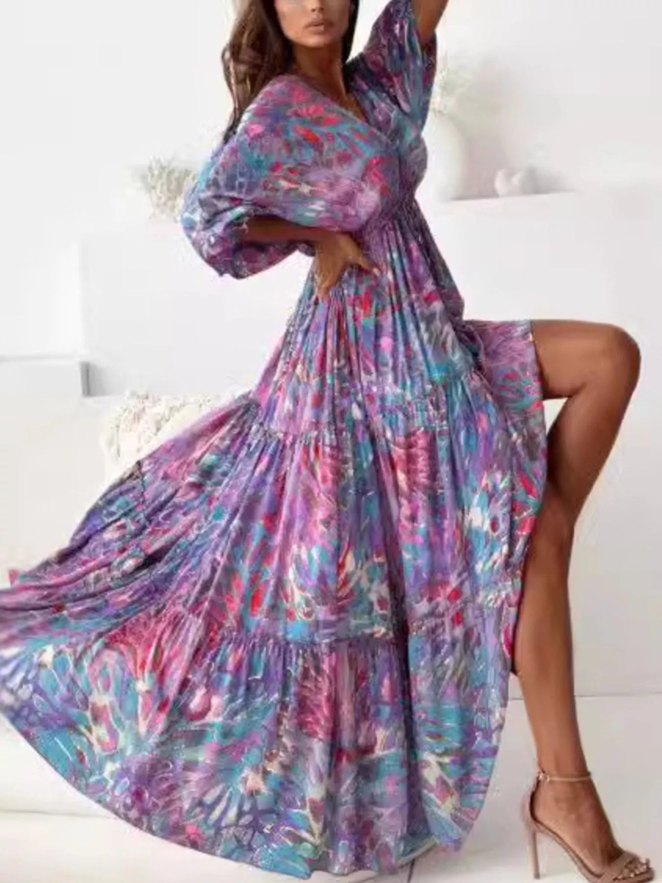 Printed V-Neck Balloon Sleeve Slit Maxi Dress