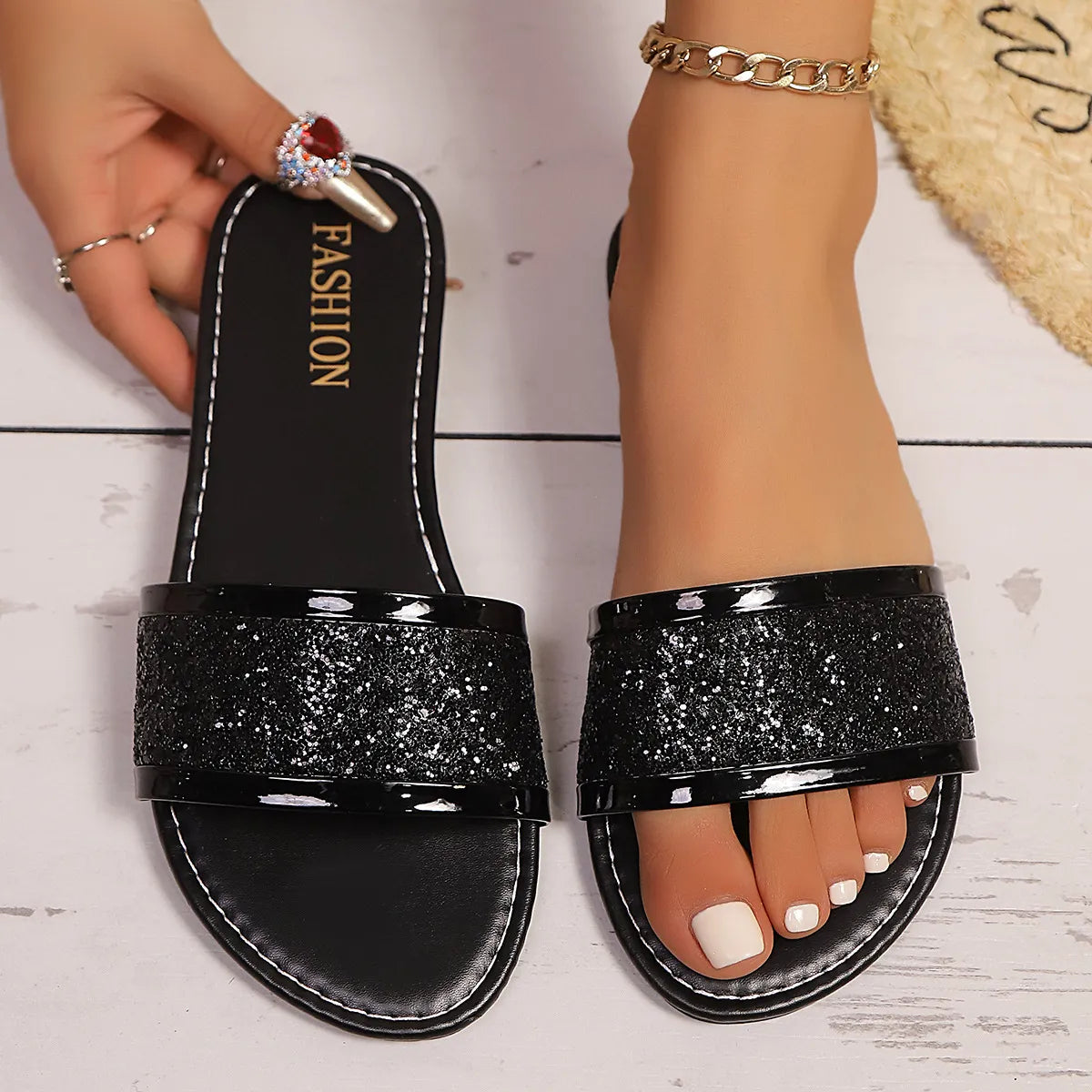 Glitter Open Toe Flat Sandals
