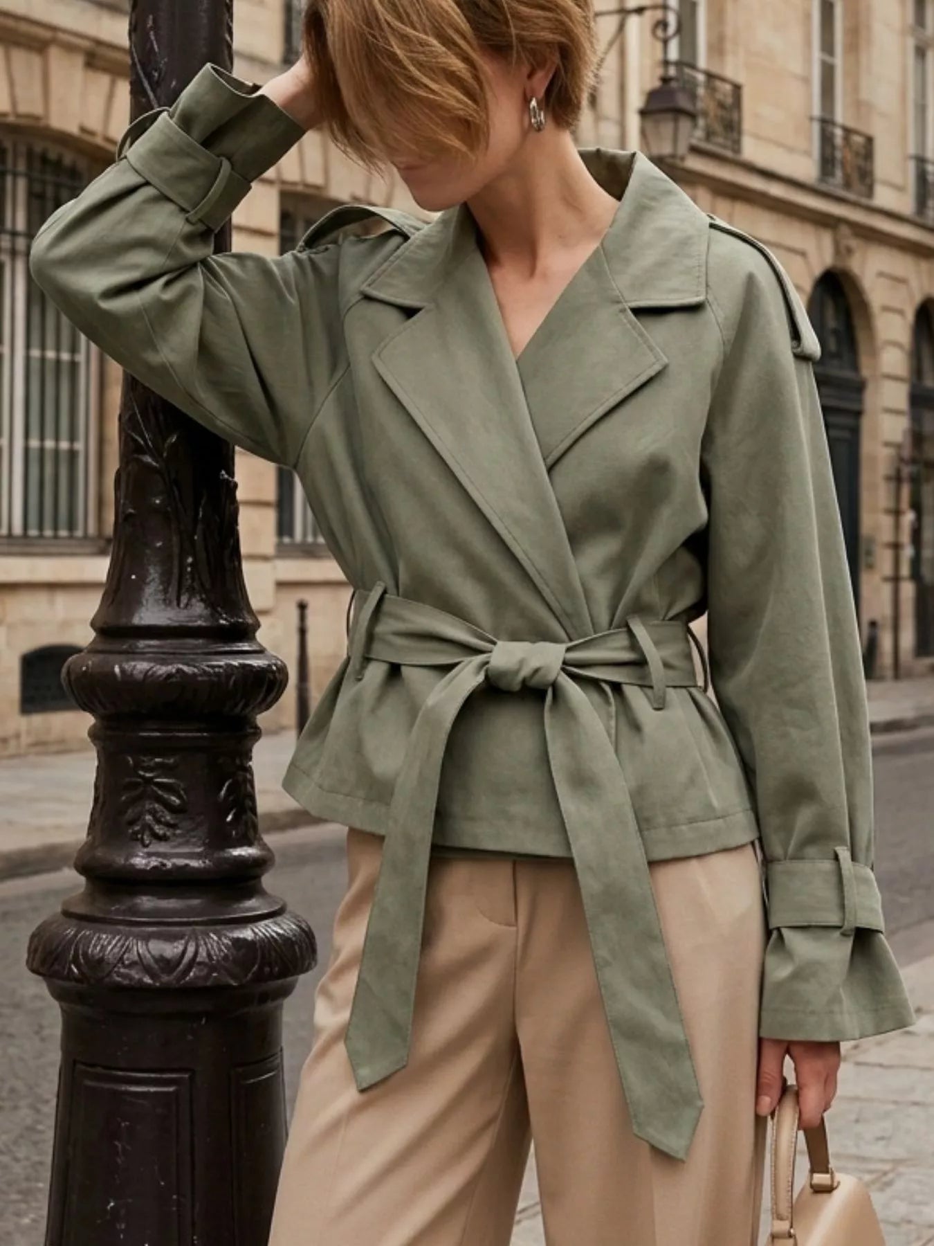 Lapel Collar Belted Cropped Trench