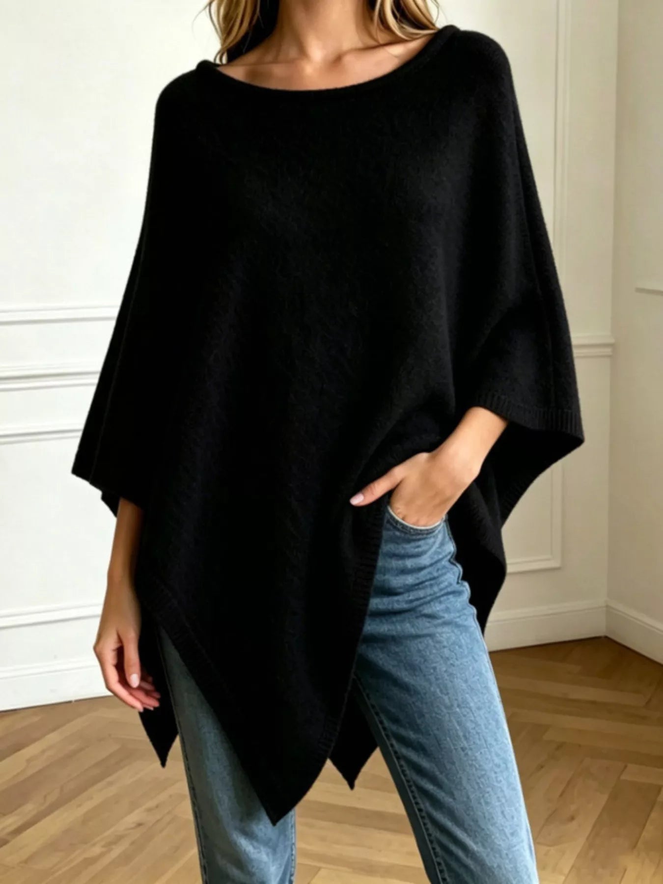 Asymmetrical Hem Knit Poncho