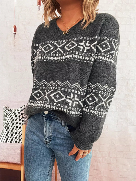 Geometric Dropped Shoulder Long Sleeve Sweater