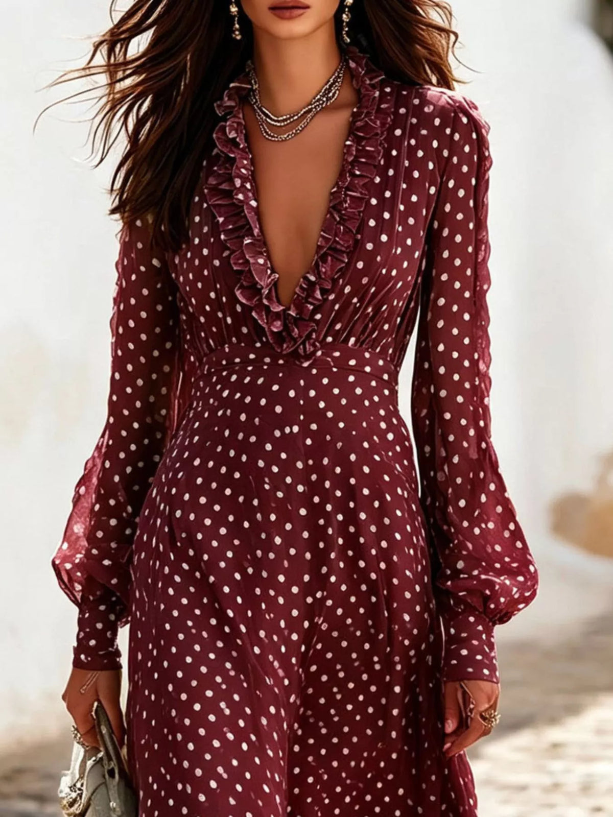 Full Size Polka Dot Ruffle V-Neck Maxi Dress Plus Size