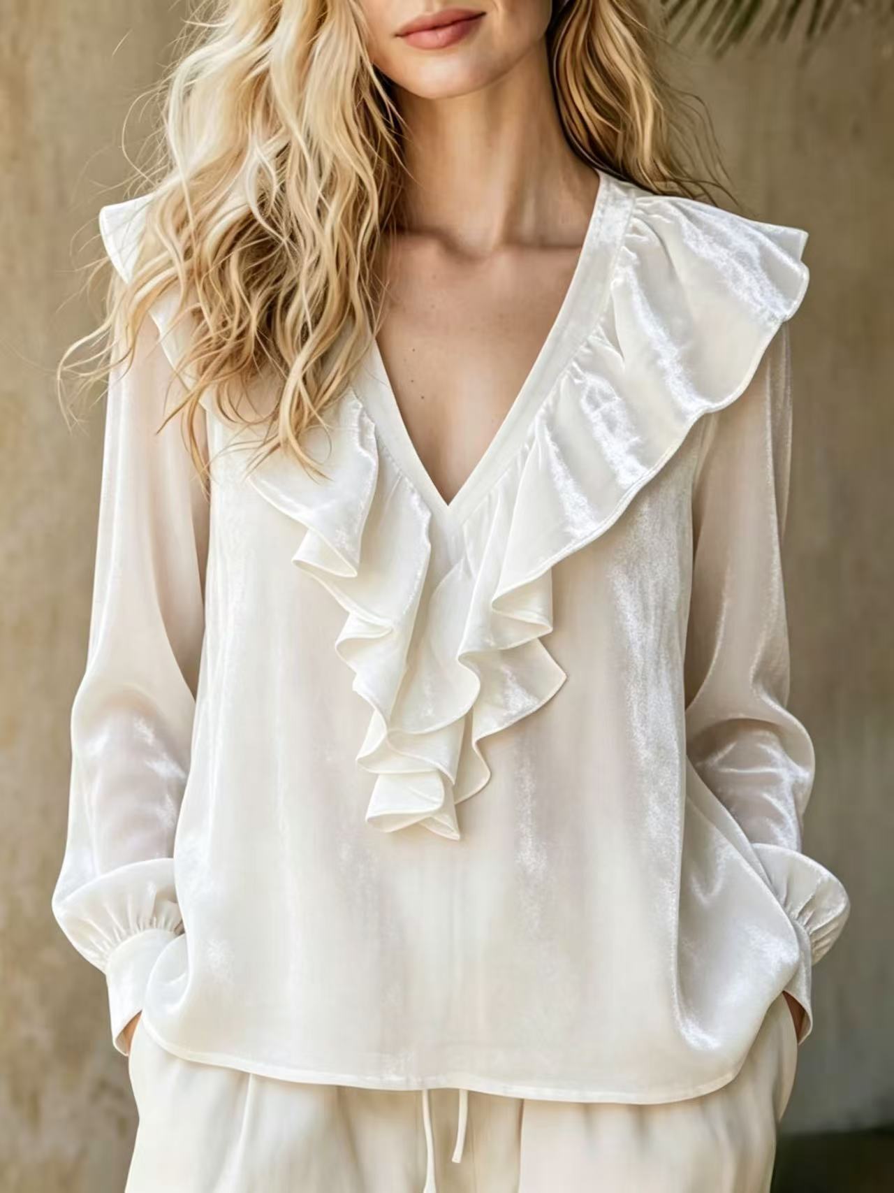 Velvet Ruffle V-Neck Blouse