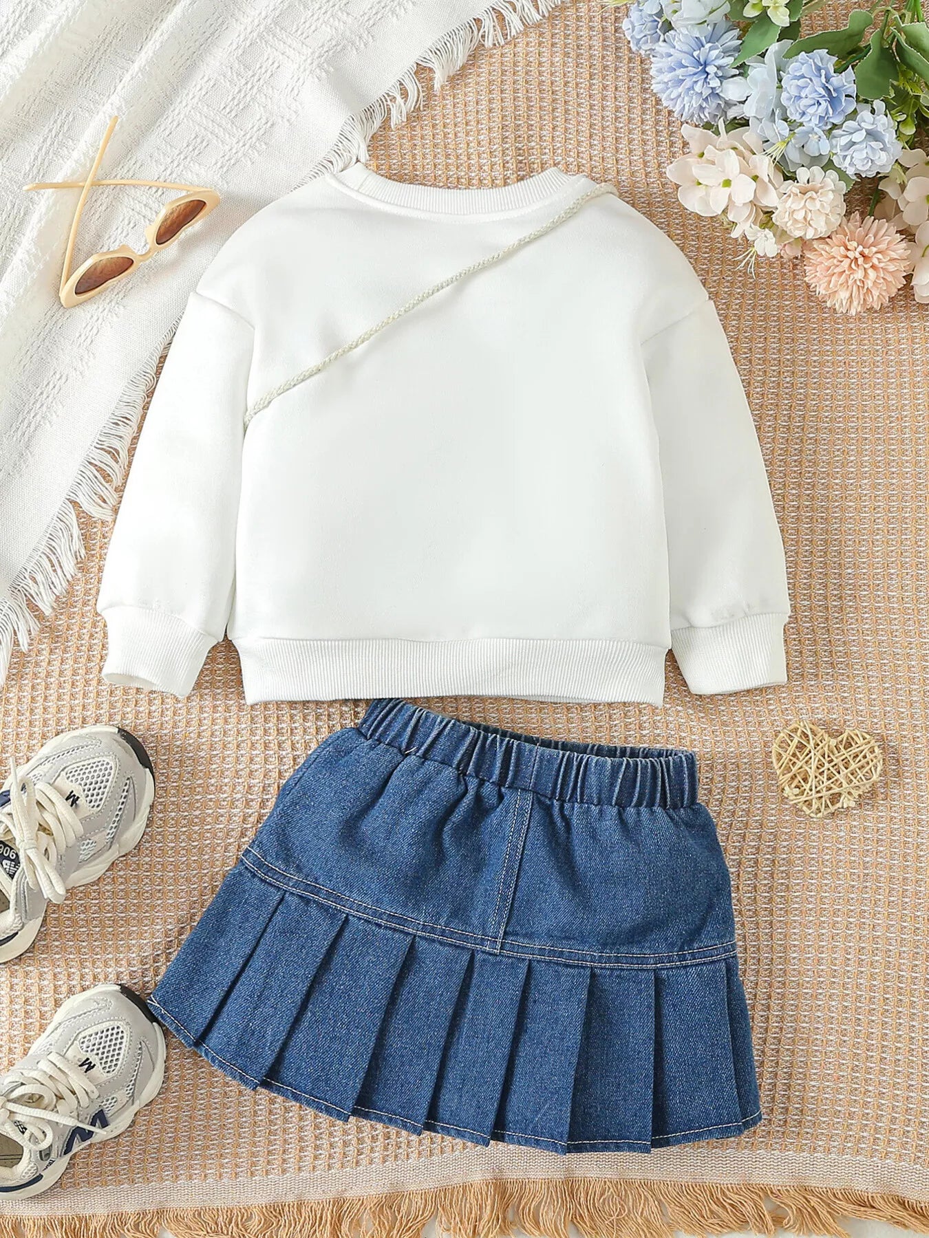 Children's Letter Long Sleeve Top and Denim Skirt Set with Heart Bag