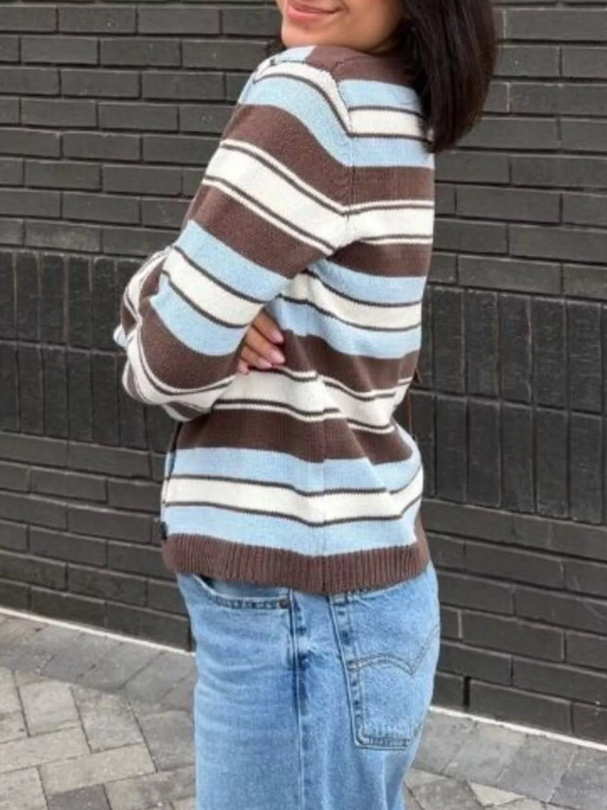 Striped V-Neck Button-Down Cardigan