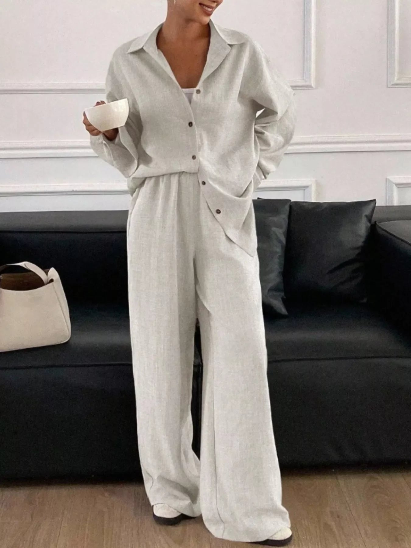 Button-Down Shirt and Wide-Leg Pants Set