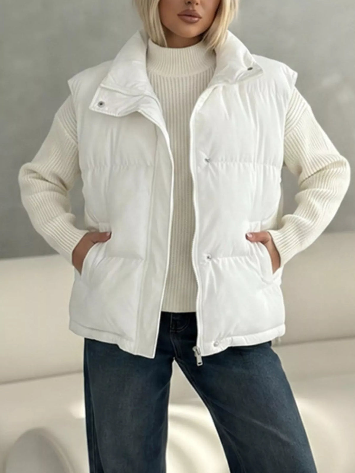 Snap-Button Placket Quilted Puffer Vest Coat