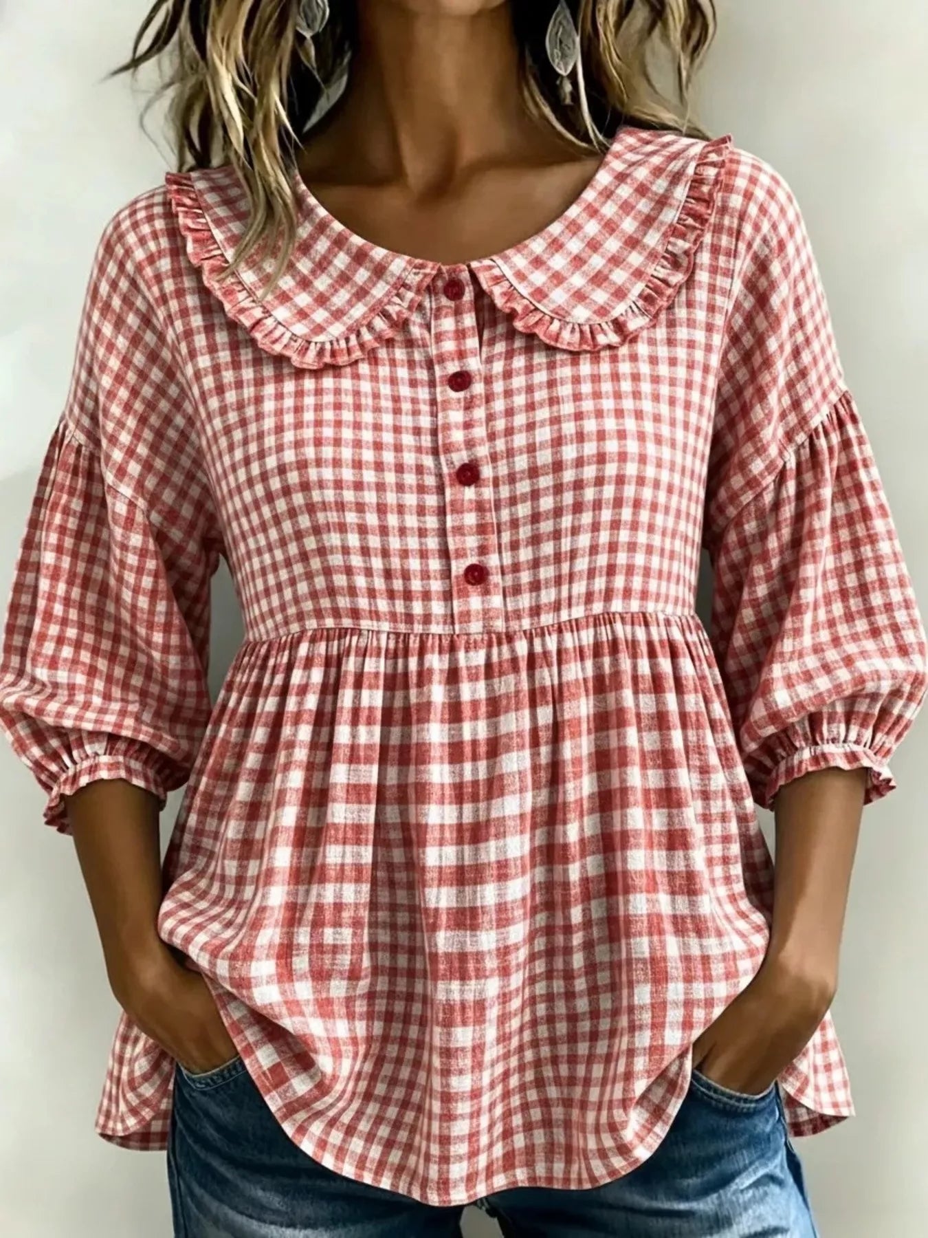 Full Size Gingham Peter Pan Collar Blouse Plus Size