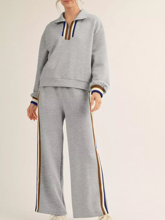 Casual Striped Trim Top and Pants Set