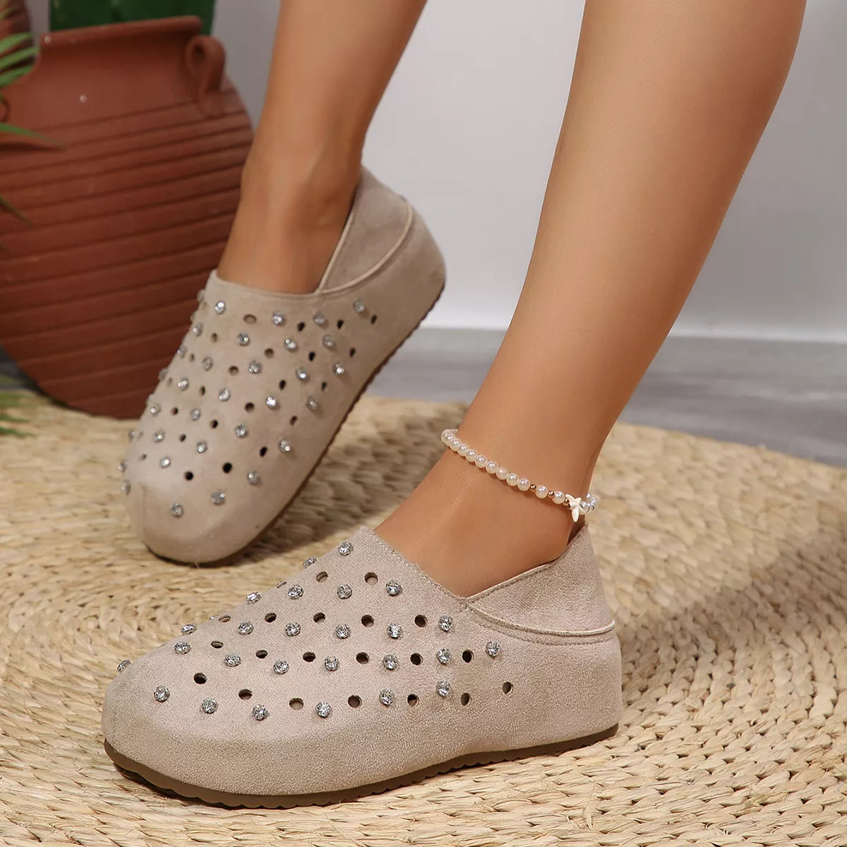 Rhinestone Round Toe Slip-Ons