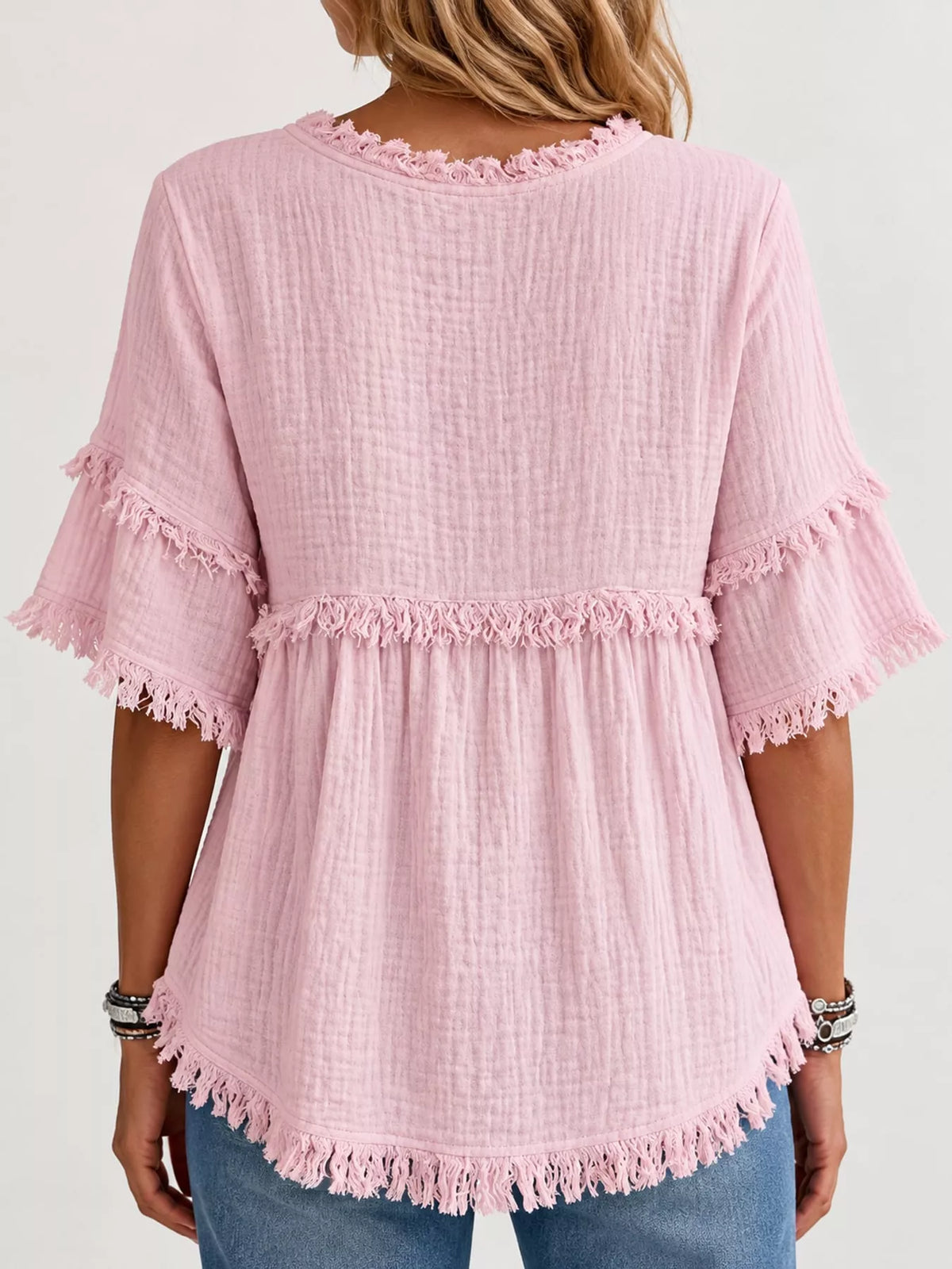 Full Size Frayed Edge Textured Blouse Plus Size