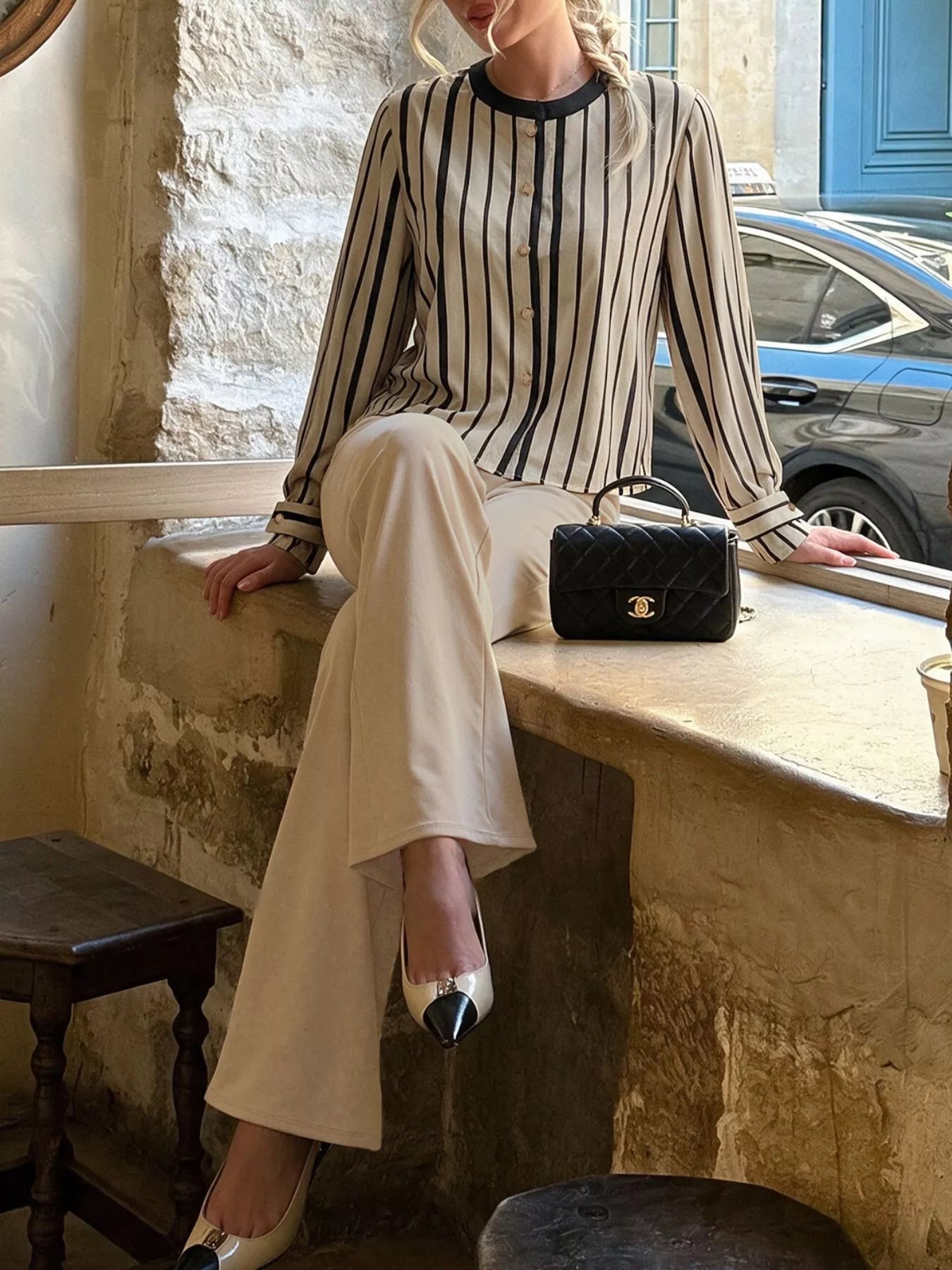 Striped Button-Down Shirt and High-Waisted Flare Pants Set