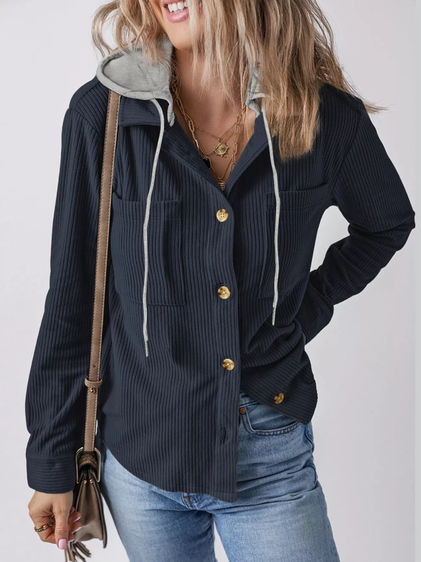 Hooded Corduroy Button-Down Jacket
