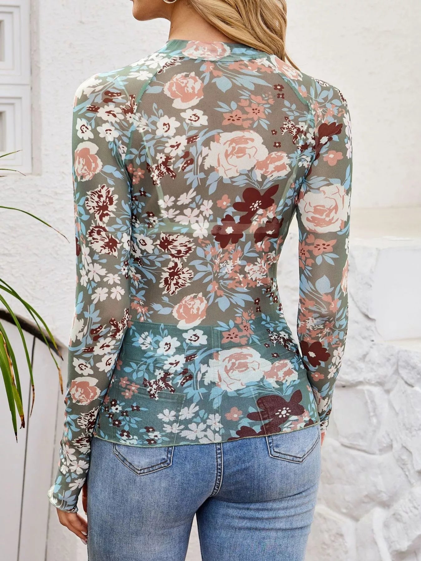 Sheer Mock Neck Long Sleeve Top