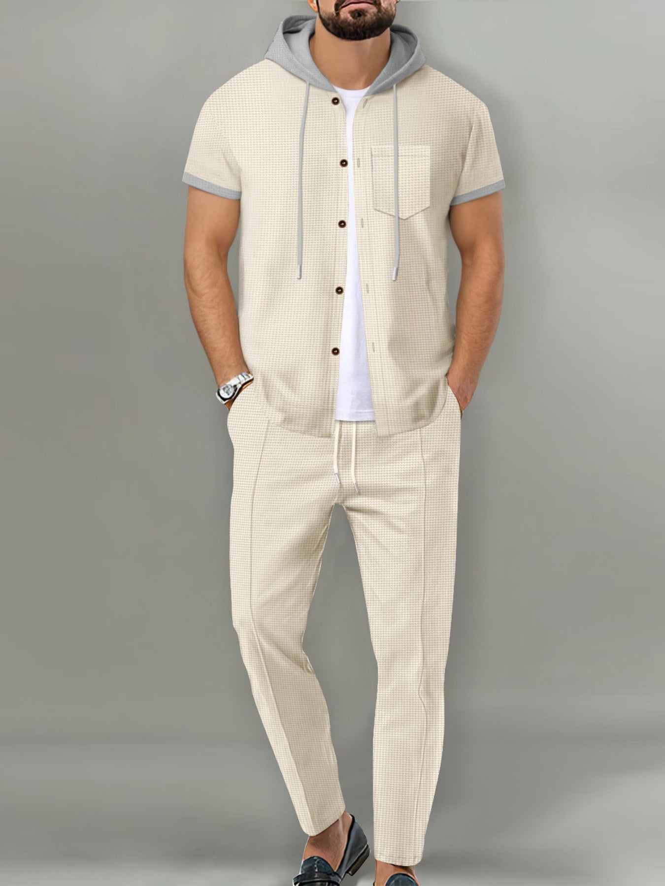 Men's Full Size Short-Sleeve Hooded Top and Shorts Set Plus Size