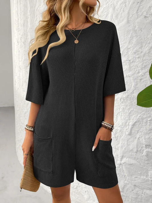 Backless Textured Round Neck Half Sleeve Romper
