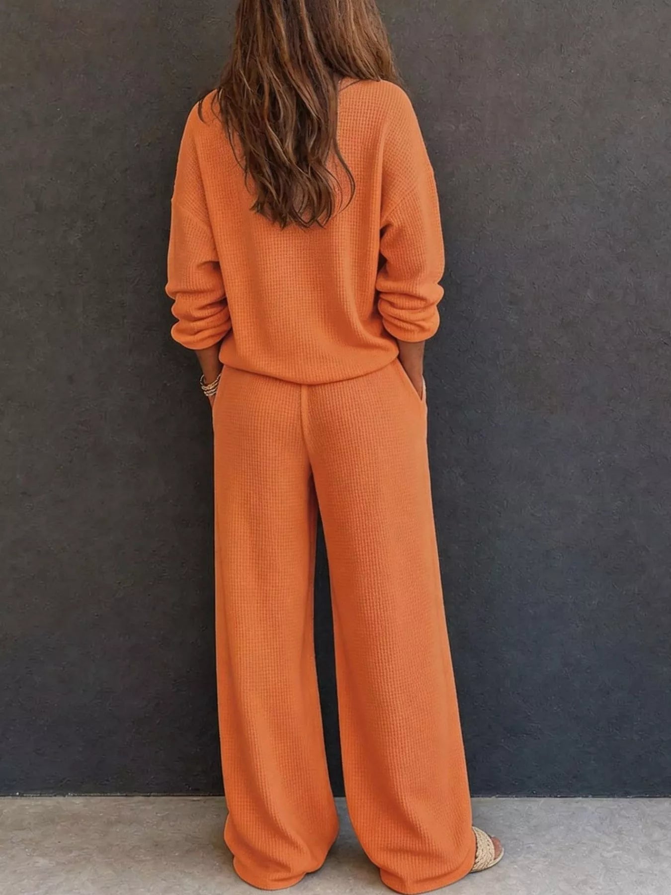 Waffle Knit Henley Top and Wide Leg Pants Set