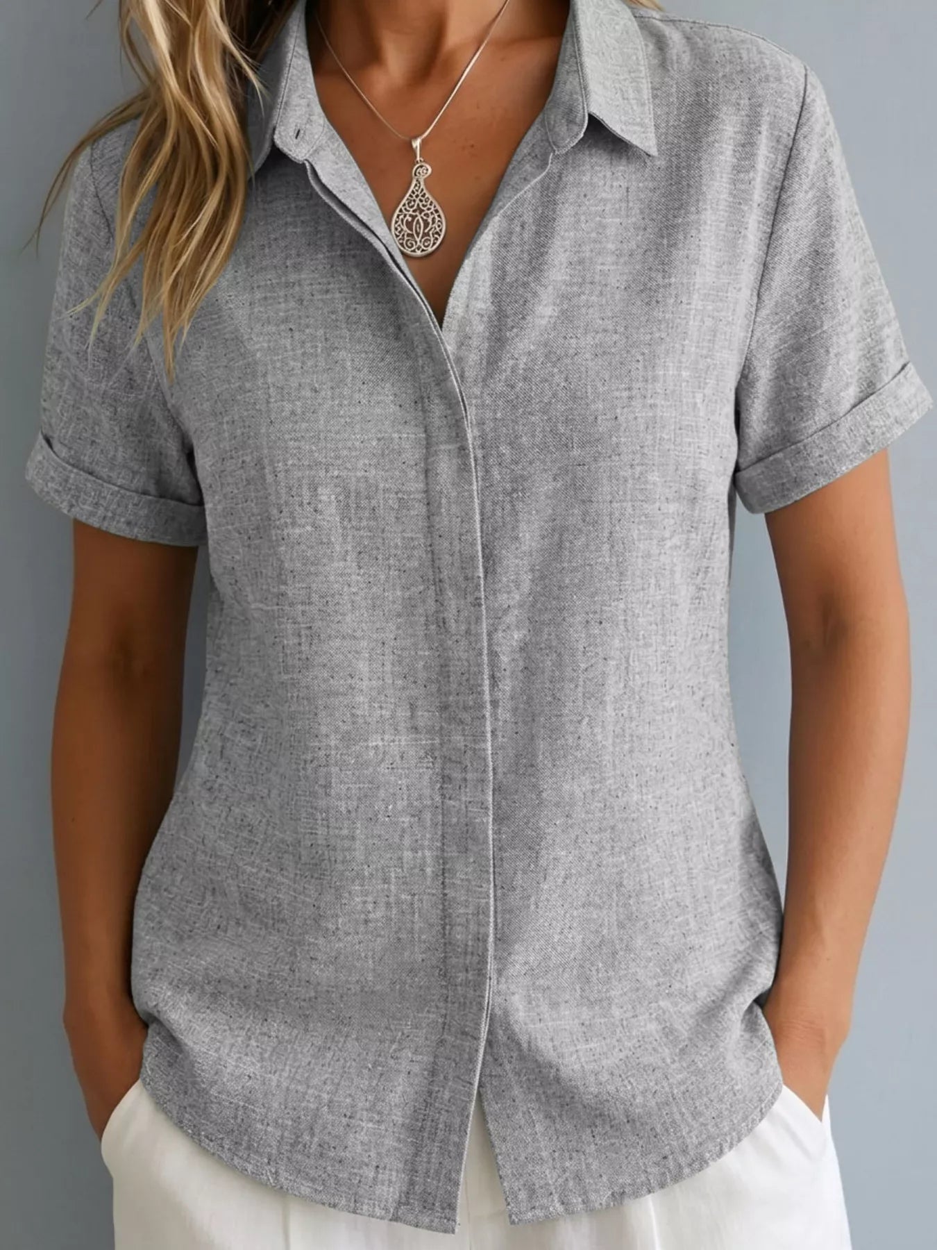 Full Size Collared Neck Short Sleeve Shirt Plus Size