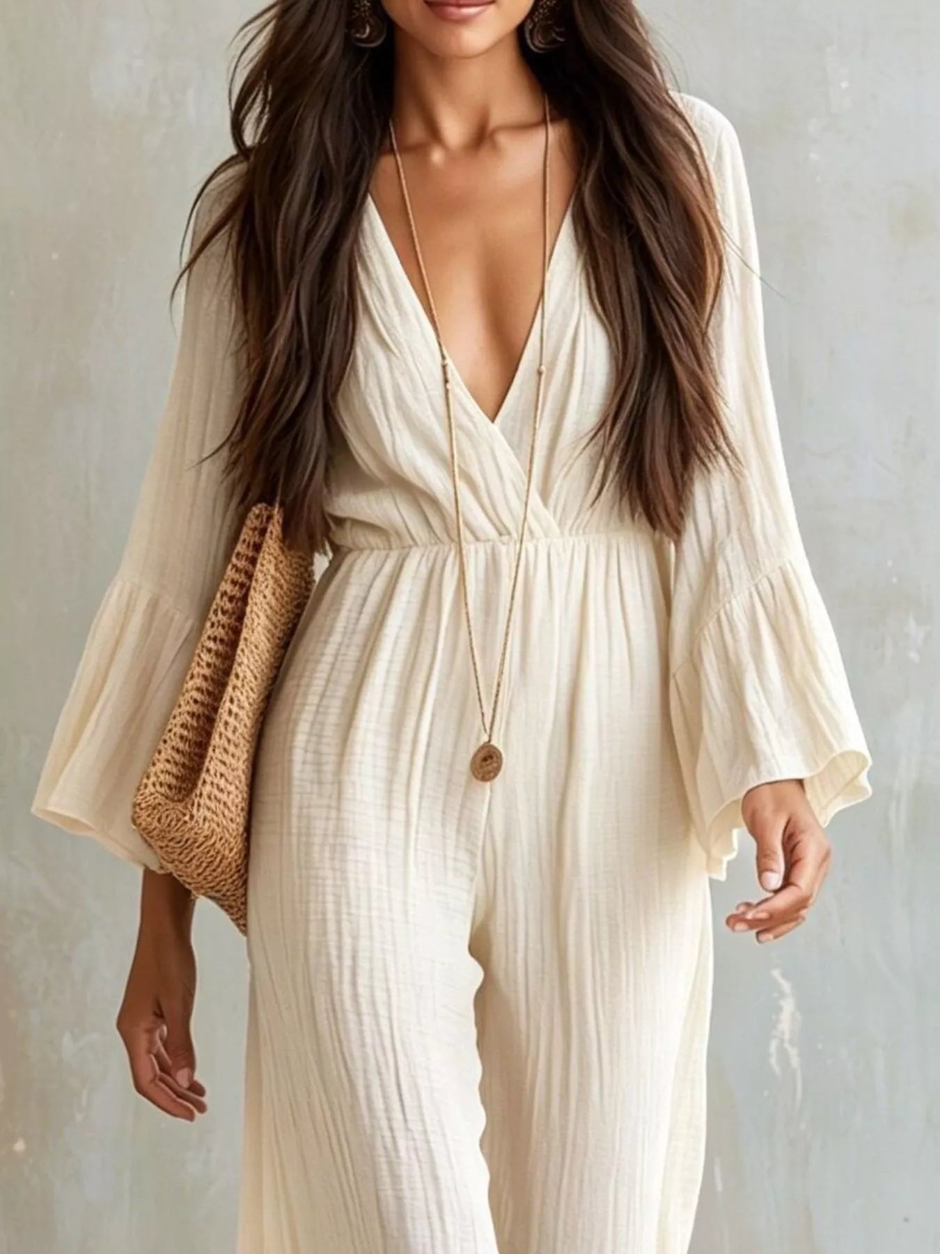 Textured Flare Sleeve Jumpsuit