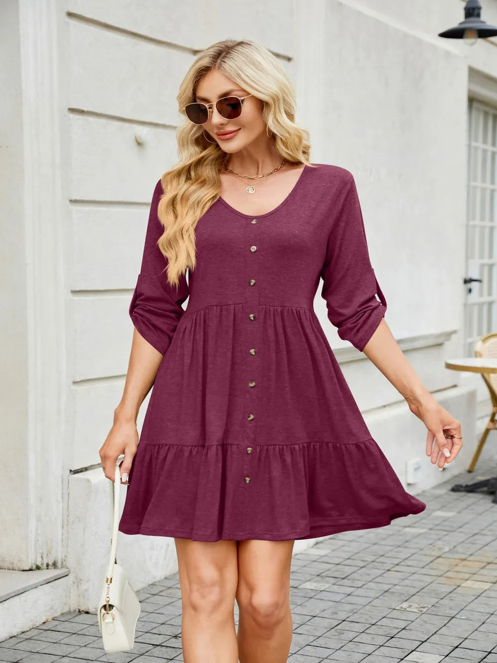 Tiered Ruched V-Neck Mini Dress