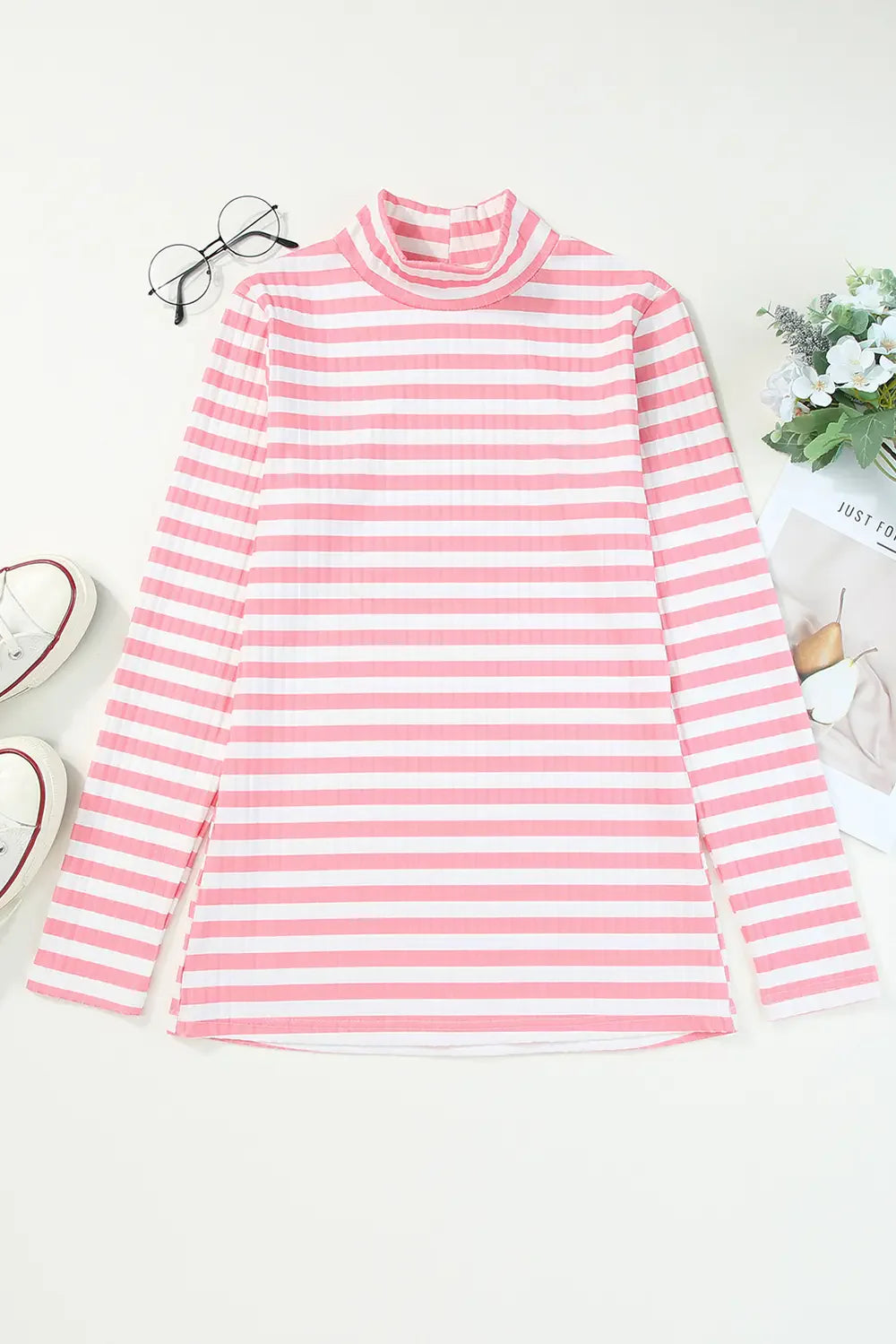 Striped Mock Neck Long Sleeve Top