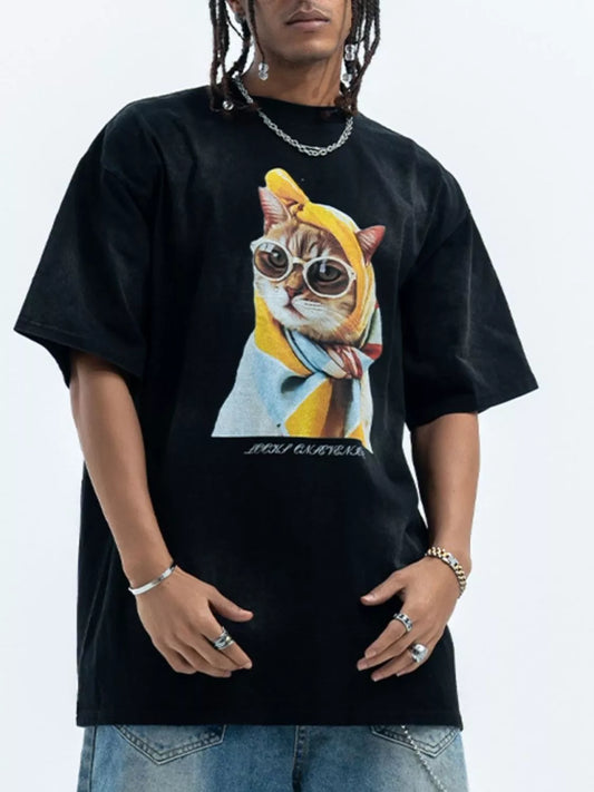 Men's Cat Graphic Round Neck T-Shirt