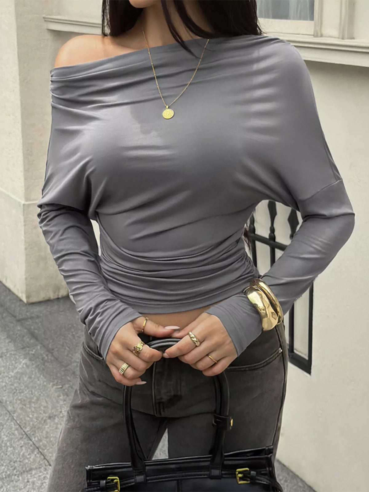 Ruched Long Sleeve Slim Fit T-Shirt