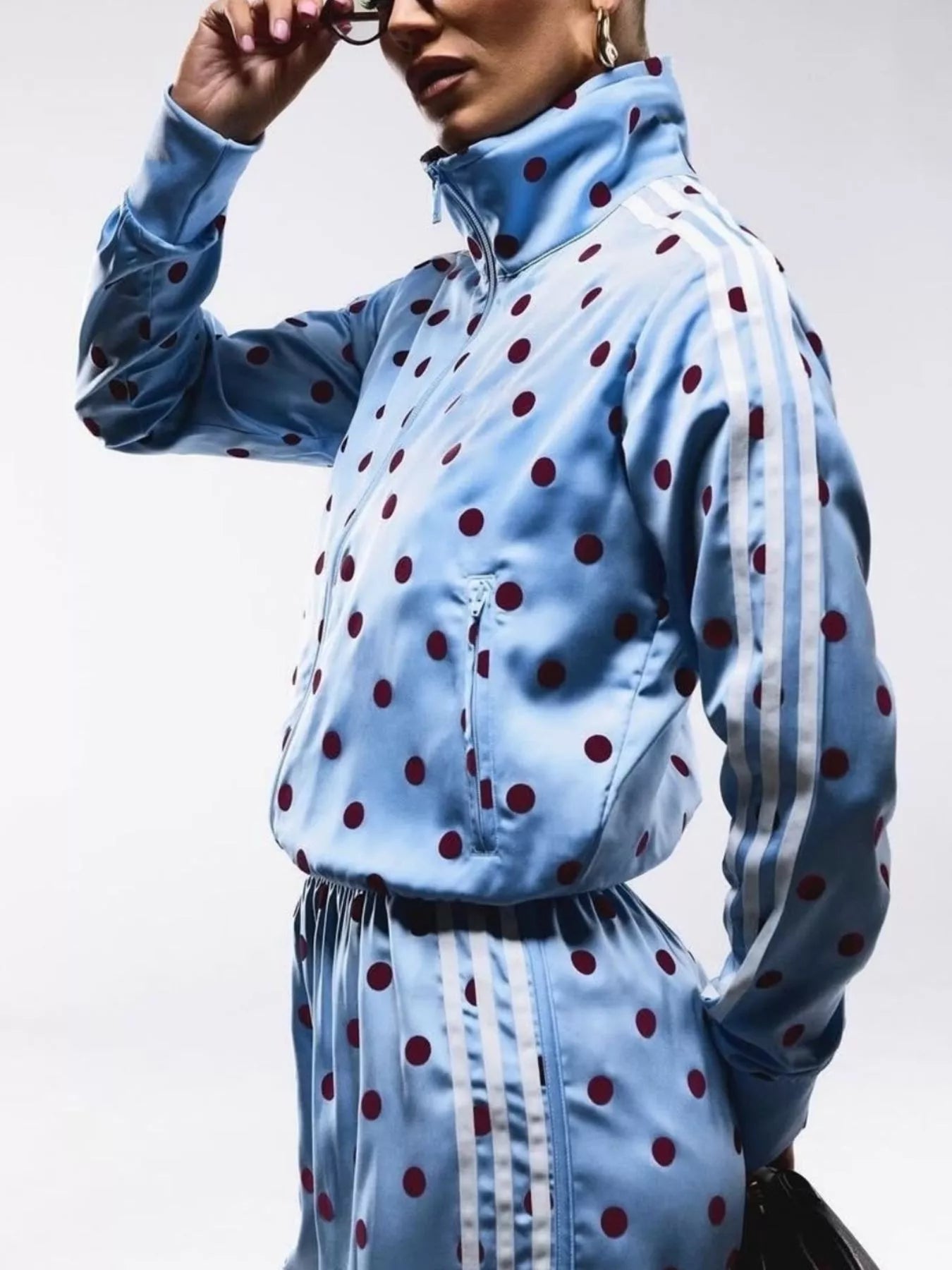 Polka Dot Zip Up Outerwear and Pants Set